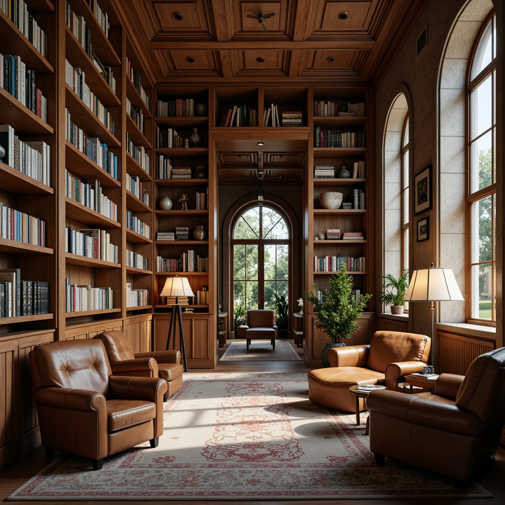 Prompt: Cozy library interior, warm wooden shelves, soft leather armchairs, vintage book collections, elegant reading lamps, calming color palette, muted earth tones, soothing blue hues, creamy whites, rich wood accents, natural textiles, comfortable seating areas, quiet atmosphere, softbox lighting, 1/1 composition, shallow depth of field, realistic textures, ambient occlusion.