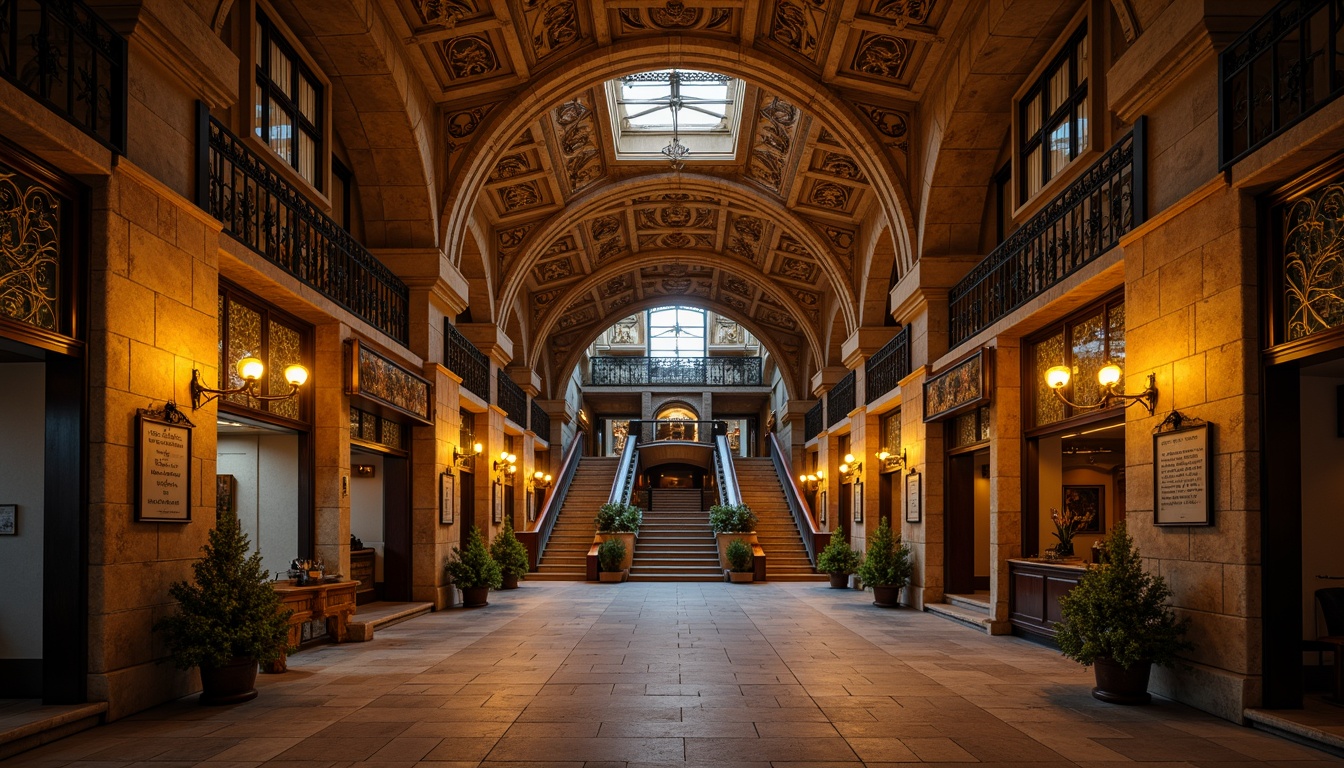 Prompt: Rustic metro station, Romanesque architectural style, arched ceilings, ornate columns, stone masonry walls, intricate carvings, vaulted roofs, grand staircases, ornamental ironwork, warm golden lighting, richly textured stonework, medieval-inspired details, historic ambiance, dimly lit atmosphere, shallow depth of field, 2/3 composition, symmetrical framing, realistic renderings, ambient occlusion.