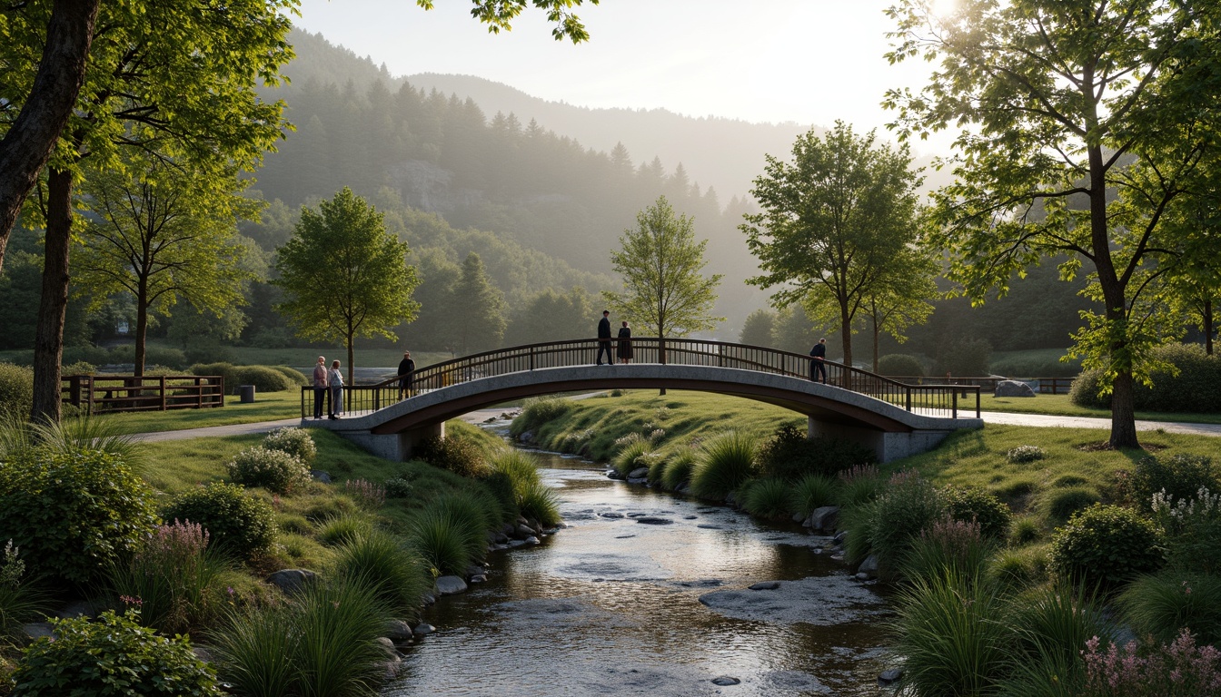 Prompt: Curved bridge structure, lush greenery integration, natural stone walls, wooden railings, steel cables, suspension design, serene water flow, riverbank vegetation, misty atmosphere, warm sunlight filtering, shallow depth of field, 1/2 composition, panoramic view, realistic textures, ambient occlusion, harmonious landscape fusion, eco-friendly materials, sustainable infrastructure solutions.