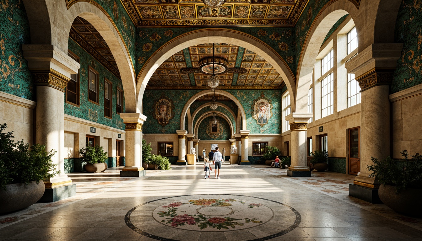 Prompt: Vibrant Byzantine-style high school, intricately patterned mosaics, golden accents, rich turquoise hues, ornate archways, domed ceilings, marble floors, ornamental columns, lavish decorations, luxurious textiles, warm ambient lighting, shallow depth of field, 3/4 composition, panoramic view, realistic textures, ambient occlusion.