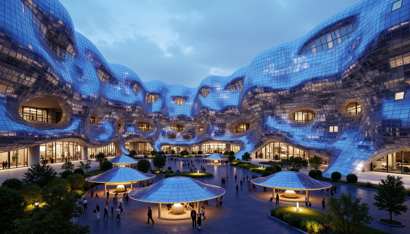 Prompt: Organic blob-shaped buildings, iridescent glass facades, shimmering metal panels, parametric architecture, futuristic aesthetic, undulating curves, amoeba-like structures, glowing LED lights, neon-lit accents, translucent canopies, wavy lines, surreal landscapes, dreamlike atmosphere, soft focus effect, shallow depth of field, 1/1 composition, cinematic lighting, high-contrast rendering, realistic reflections.