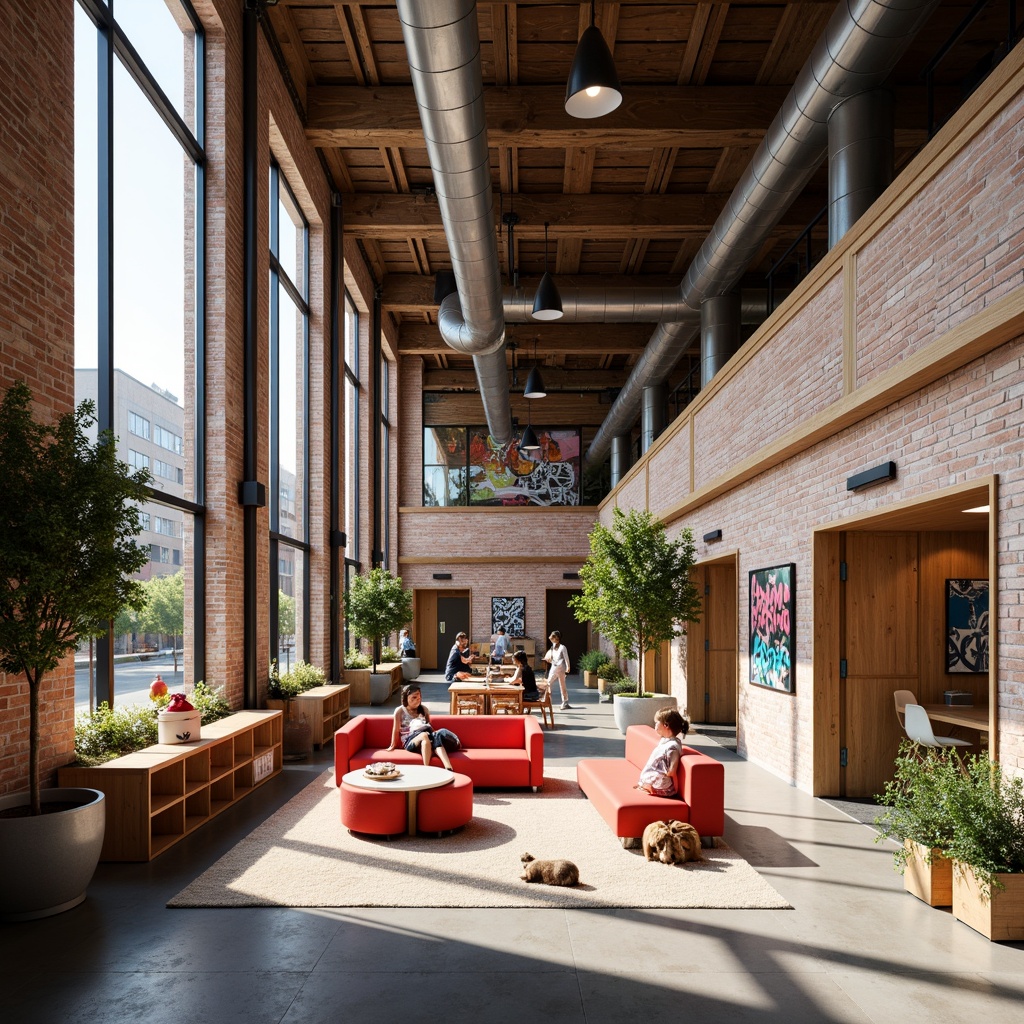 Prompt: Vibrant youth center, exposed brick walls, wooden accents, industrial chic decor, eclectic furniture, playful color schemes, natural light pouring in, floor-to-ceiling windows, modern minimalist architecture, sleek metal beams, polished concrete floors, urban graffiti murals, lively atmosphere, dynamic lighting effects, shallow depth of field, 1/2 composition, realistic textures, ambient occlusion.