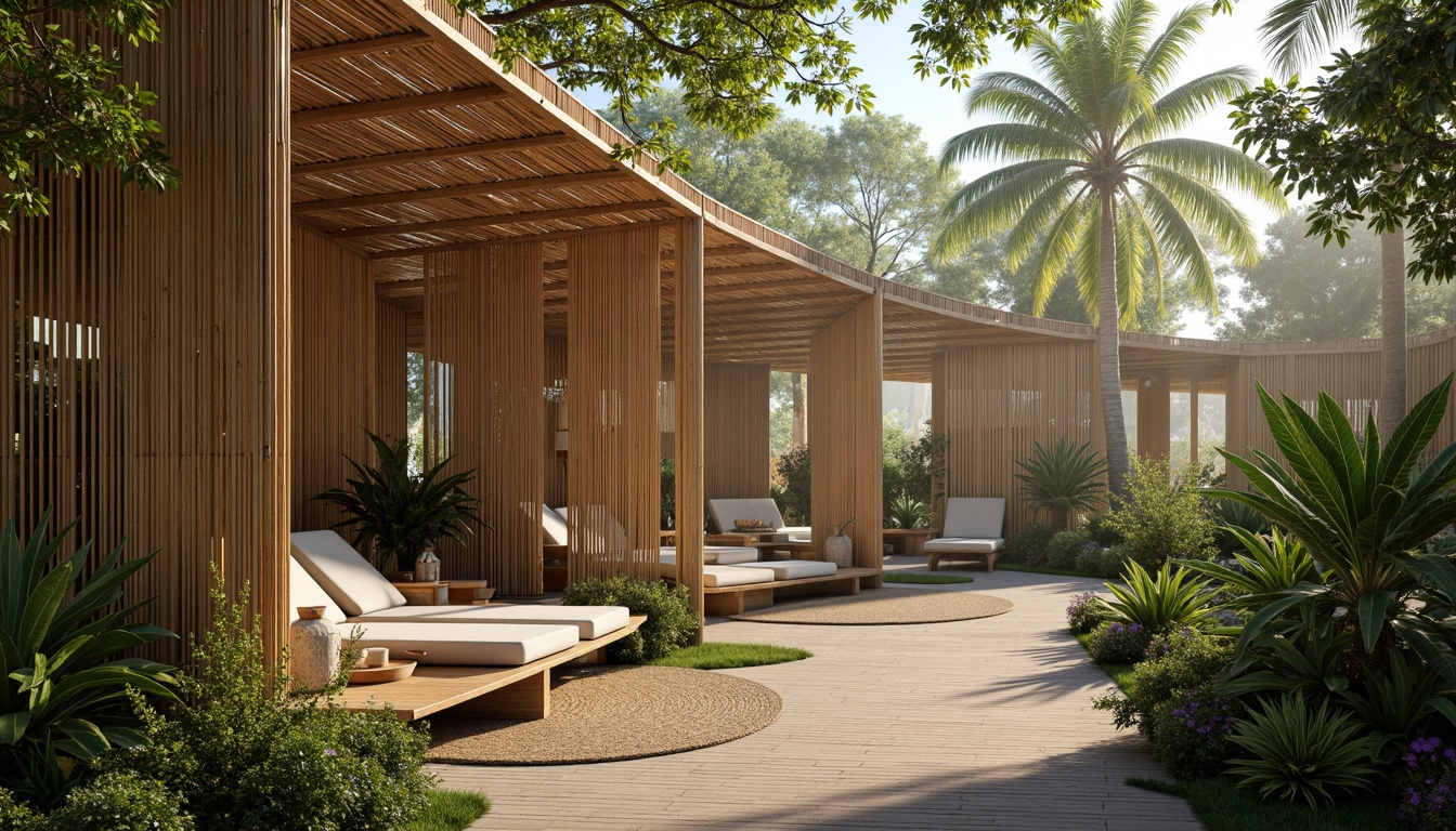 Prompt: Eco-friendly bamboo structures, organic curves, natural textures, earthy tones, sustainable materials, minimal carbon footprint, tropical environments, lush greenery, misty atmosphere, warm soft lighting, shallow depth of field, 1/1 composition, realistic renderings, ambient occlusion, serene ambiance.