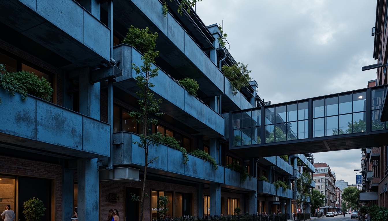 Prompt: Moody Prussian blue accents, industrial metal beams, exposed brick walls, sleek modern lines, urban cityscape, cloudy grey sky, dramatic shadows, high-contrast lighting, abstract geometric patterns, distressed textures, brutalist architecture, functional minimalism, bold color blocking, dynamic composition, cinematic atmosphere, gritty realism.