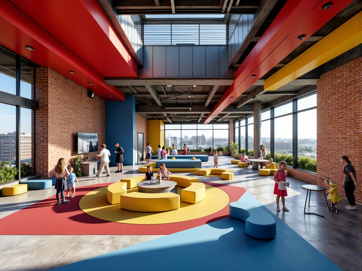 Prompt: Vibrant youth center, bold geometric shapes, primary color scheme, red accents, blue tones, yellow highlights, urban industrial setting, exposed brick walls, metal beams, polished concrete floors, modern minimalist furniture, abstract art installations, dynamic lighting effects, high ceilings, open spaces, collaborative workspaces, interactive technology zones, green roofs, eco-friendly materials, natural ventilation systems, panoramic city views, sunny day, soft warm lighting, shallow depth of field, 3/4 composition.