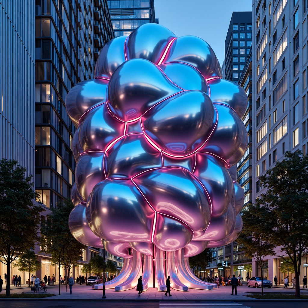 Prompt: Organic blob-shaped buildings, futuristic facade systems, iridescent colors, glossy surfaces, parametric design, algorithmic patterns, undulating curves, amoeba-like structures, translucent membranes, LED lighting installations, neon-lit accents, dynamic shape-shifting forms, mirrored reflections, 3D-printed components, sustainable materials, adaptive climate control systems, misting facade systems, futuristic urban landscapes, sci-fi inspired aesthetics, high-tech gadgetry, abstract art-inspired motifs.