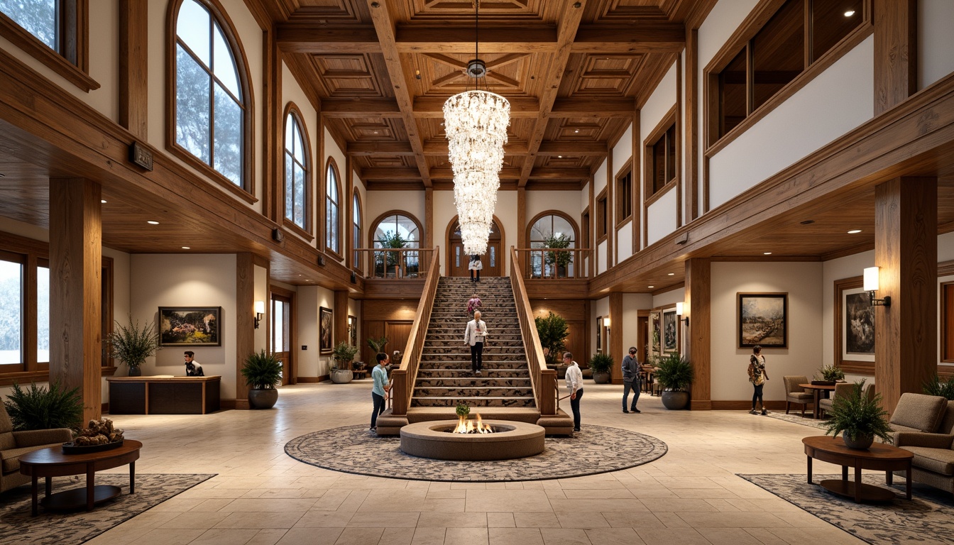 Prompt: Elegant ski center lobby, grand staircase, ornate chandelier, rich wood paneling, marble floors, neoclassical columns, arched windows, snowflake patterns, warm beige walls, comfortable seating areas, rustic wooden accents, vintage ski equipment displays, natural stone fireplaces, soft warm lighting, shallow depth of field, 1/1 composition, realistic textures, ambient occlusion.