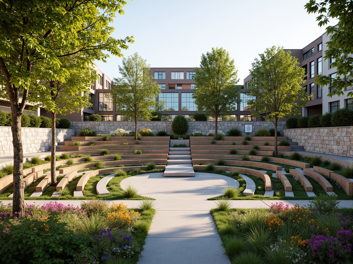 Prompt: Amphitheater community space, tiered seating, lush greenery, vibrant flowers, natural stone walls, wooden benches, educational signs, modern architecture, large windows, glass doors, blooming trees, sunny day, soft warm lighting, shallow depth of field, 3/4 composition, panoramic view, realistic textures, ambient occlusion.