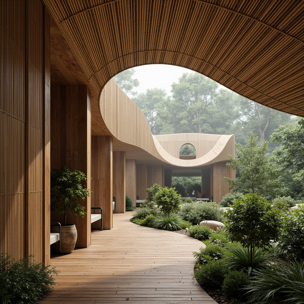 Prompt: Organic bamboo structures, natural textures, earthy tones, woven bamboo panels, sustainable building materials, eco-friendly architecture, tropical environments, lush greenery, misty atmosphere, soft diffused lighting, warm color palette, minimalistic design, curved lines, open spaces, ventilation systems, natural airflow, rustic charm, cultural heritage, traditional craftsmanship, serene ambiance.