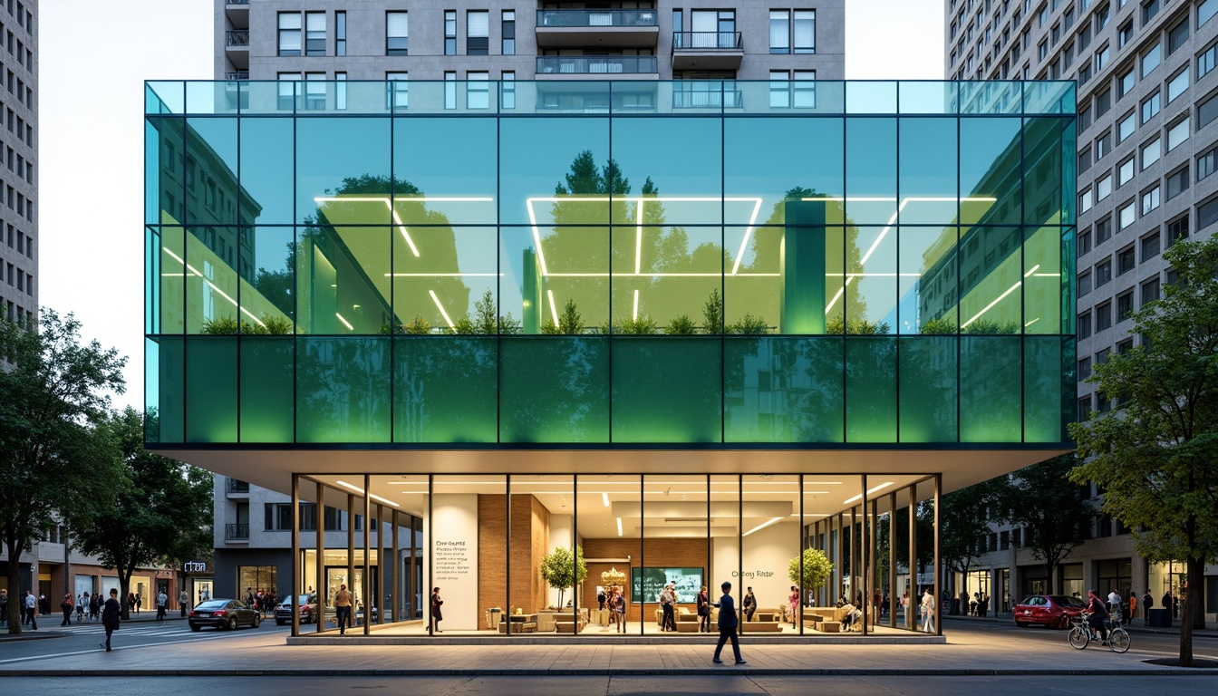 Prompt: Modern dental clinic facade, sleek glass surfaces, minimalist metal frames, subtle LED lighting, calming green walls, natural stone accents, vibrant colors, geometric patterns, futuristic architecture, urban cityscape, busy street scene, morning sunlight, soft shadows, 3/4 composition, panoramic view, realistic textures, ambient occlusion.