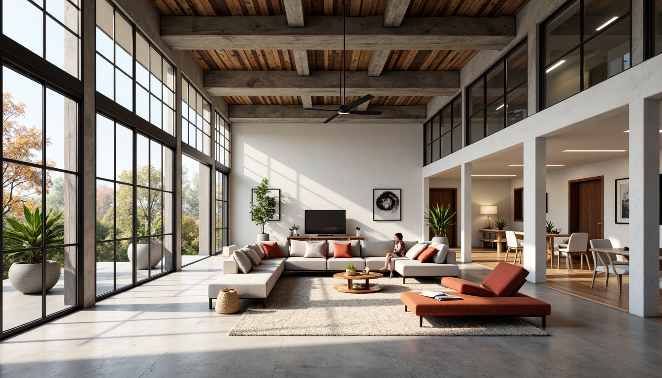 Prompt: Modern open floor plan, minimal ornamentation, functional simplicity, clean lines, rectangular shapes, industrial materials, exposed ductwork, polished concrete floors, large windows, sliding glass doors, abundant natural light, airy atmosphere, flexible living spaces, multi-functional furniture, geometric patterns, primary color accents, steel beams, wooden accents, urban loft feel, high ceilings, minimalist decor, functional lighting, 3/4 composition, soft warm lighting, shallow depth of field, realistic textures.