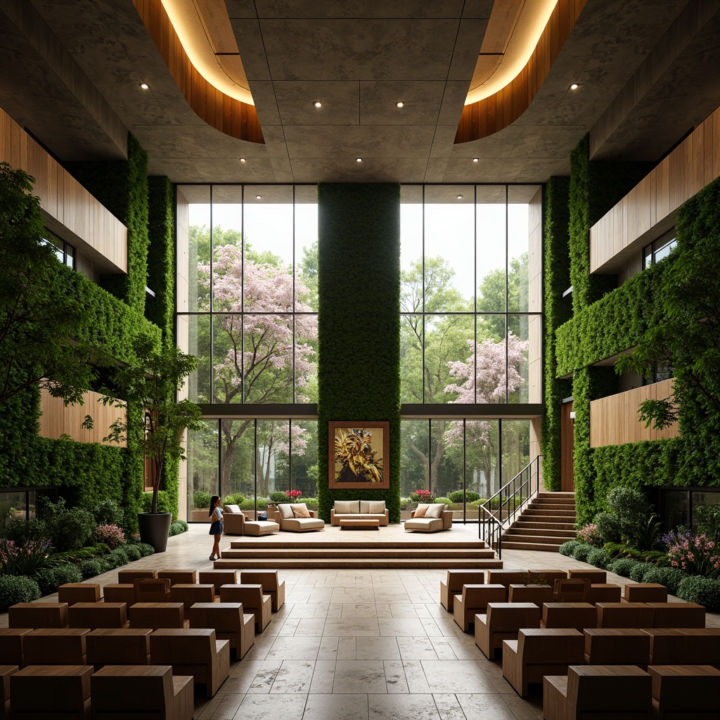 Prompt: Serene auditorium interior, lush green walls, natural stone floors, wooden accents, minimalist design, grand staircase, curved balconies, dramatic lighting, soft warm glow, shallow depth of field, 3/4 composition, panoramic view, realistic textures, ambient occlusion, outdoor garden views, tropical plants, water features, natural ventilation systems, sustainable materials, eco-friendly furniture, vibrant colorful textiles, intricate geometric patterns, modern architecture, large windows, glass doors, blooming trees, sunny day.