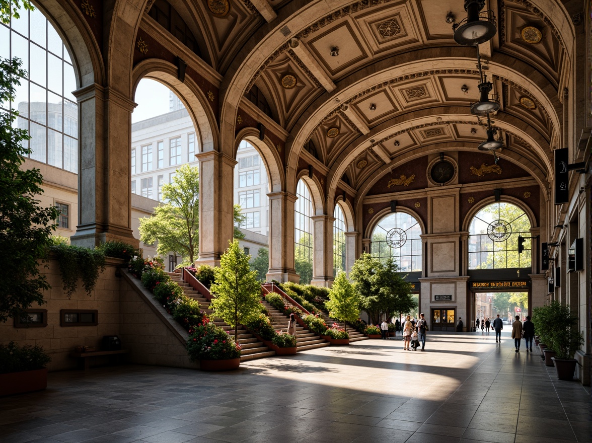 Prompt: Grand metro station, Romanesque arches, ornate columns, rustic stone walls, lush greenery, vibrant flowers, intricate mosaics, decorative ironwork, grand staircases, elegant chandeliers, warm soft lighting, shallow depth of field, 1/1 composition, symmetrical framing, realistic textures, ambient occlusion, bustling city atmosphere, morning commute scene.