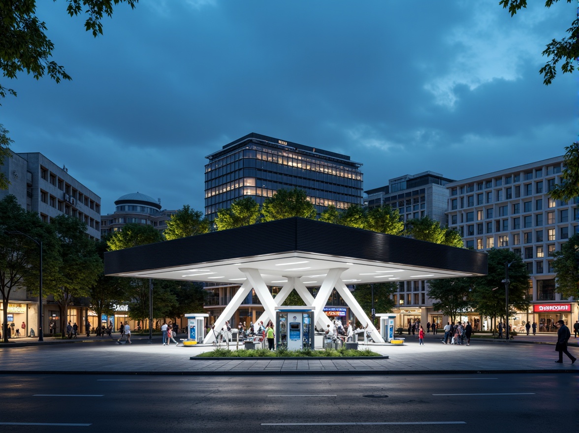 Prompt: Futuristic gas station, dynamic LED lighting, angular metal canopy, sleek fuel pumps, modern minimalist architecture, green roof, solar panels, wind turbines, sustainable energy solutions, vibrant neon signs, urban cityscape, busy streets, evening atmosphere, soft warm glow, shallow depth of field, 3/4 composition, panoramic view, realistic textures, ambient occlusion.