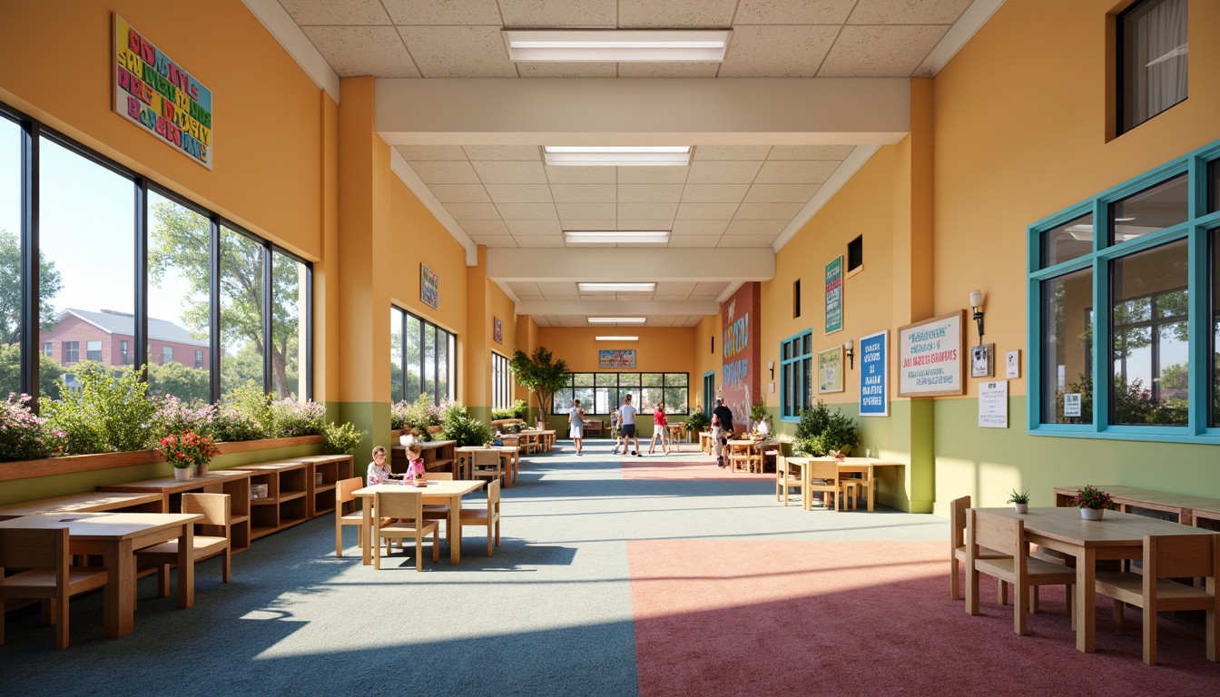 Prompt: Vibrant elementary school, colorful corridors, stimulating classrooms, playful kindergartens, wooden desks, ergonomic chairs, interactive whiteboards, inspirational quotes, motivational posters, soft carpeted floors, warm natural lighting, shallow depth of field, 1/1 composition, realistic textures, ambient occlusion, bright sunny day, blooming flowers, lush greenery, outdoor playgrounds, swing sets, slides, climbing frames, educational signage, modern architecture, large windows, glass doors.