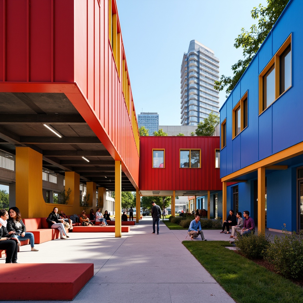 Prompt: Vibrant youth center, constructivist architecture, bold geometric shapes, primary color scheme, bright red accents, deep blue walls, yellow window frames, green roof tiles, industrial metal beams, exposed ductwork, minimalist decor, functional furniture, collaborative workspaces, dynamic lighting fixtures, urban cityscape, sunny afternoon, soft focus, shallow depth of field, 1/2 composition, symmetrical framing, high-contrast textures, ambient occlusion.