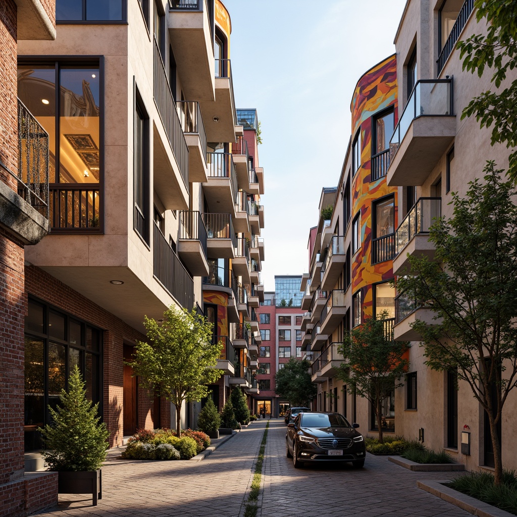 Prompt: Vibrant eclectic buildings, irregular shapes, mixed materials, rough stone walls, distressed wood accents, metallic cladding, geometric patterns, intricate mosaics, ornate decorations, colorful glazed tiles, textured concrete, rustic brick facades, asymmetrical compositions, dynamic lighting effects, warm golden hour, shallow depth of field, 2/3 composition, cinematic view, realistic renderings, ambient occlusion.