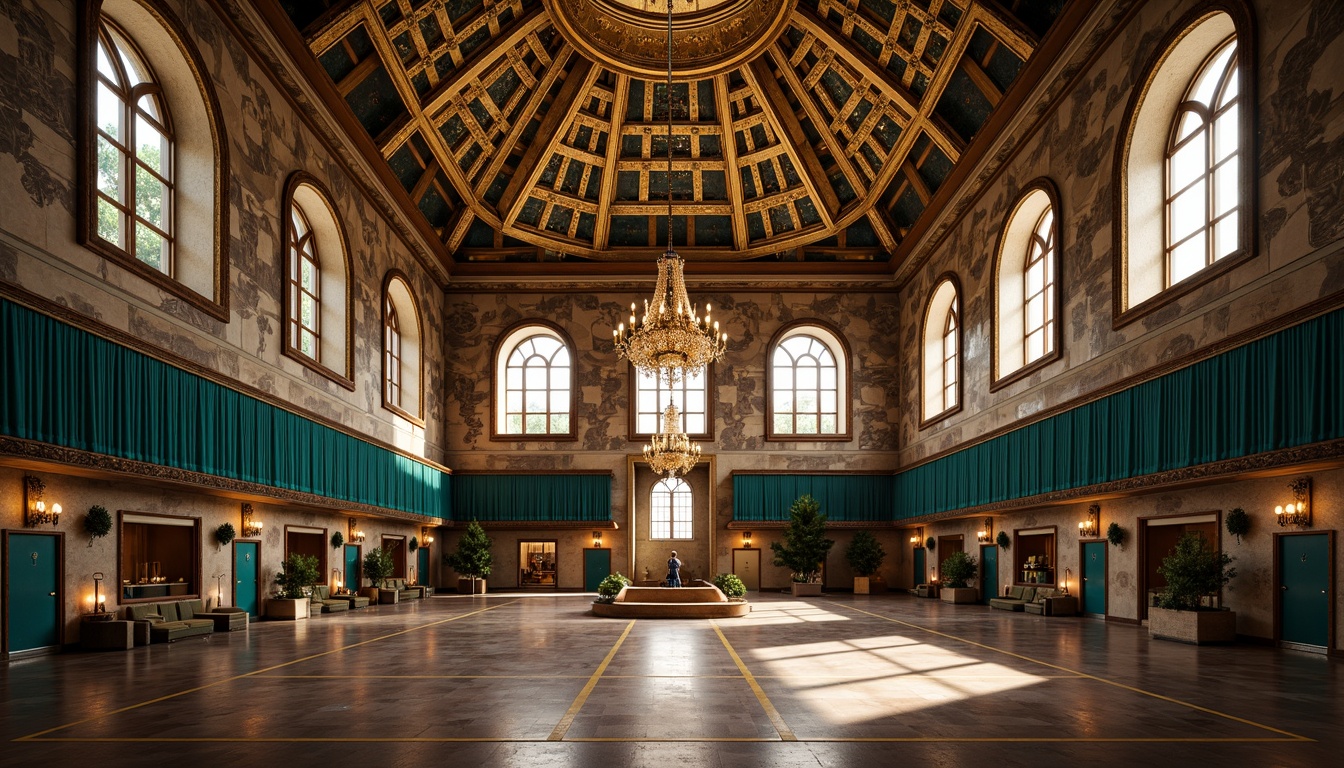 Prompt: Grand gymnasium, Byzantine architectural style, ornate roof decorations, golden domes, intricate mosaics, vibrant turquoise accents, arched windows, rustic stone walls, polished marble floors, dimly lit corridors, high ceilings, grand chandeliers, ornate frescoes, luxurious drapery, lavish furnishings, warm atmospheric lighting, dramatic shadows, symmetrical composition, shallow depth of field, realistic textures, ambient occlusion.