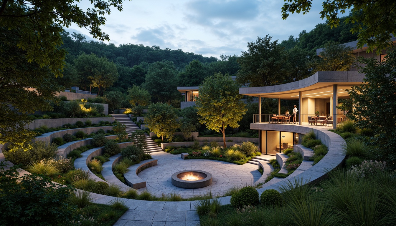 Prompt: Natural hillside amphitheater, lush green vegetation, winding stone pathways, tiered seating areas, wooden benches, cantilevered roofs, modern architecture, curved lines, minimalist design, ambient lighting, warm color palette, evening atmosphere, soft focus, shallow depth of field, 2/3 composition, panoramic view, realistic textures, subtle shadowing.