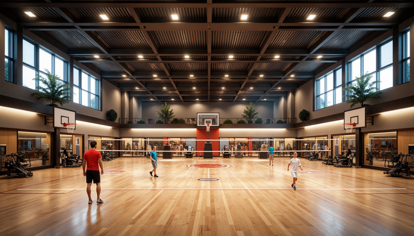 Prompt: Modern gymnasium interior, high ceilings, polished wooden floors, athletic equipment, basketball hoops, volleyball nets, exercise machines, mirrored walls, LED lighting strips, bright color schemes, energetic atmosphere, indirect overhead lighting, floor-mounted spotlights, suspended pendant lights, soft warm glow, 1/1 composition, shallow depth of field, realistic textures, ambient occlusion.