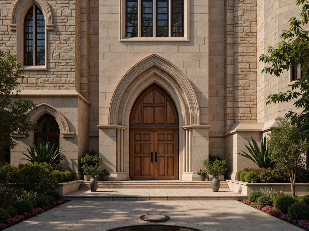 Prompt: Elegant church facade, rustic stone walls, ornate Gothic arches, stained glass windows, intricately carved wooden doors, polished marble floors, grandiose vaulted ceilings, subtle ambient lighting, warm beige tones, natural stone textures, weathered brick exteriors, serene courtyard, lush greenery, vibrant flowers, tranquil fountain, soft misting, 3/4 composition, shallow depth of field, panoramic view, realistic textures, ambient occlusion.