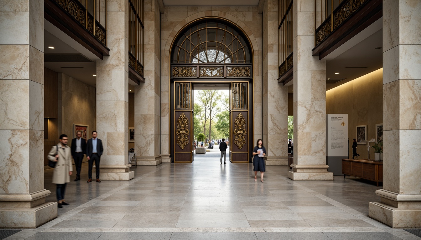 Prompt: Grand museum entrance, imposing stone columns, ornate bronze doors, intricate glass details, natural light diffusion, minimalist exhibition spaces, modern academic architecture, clean lines, geometric shapes, neutral color palette, subtle texture variations, ambient interior lighting, softbox illumination, shallow depth of field, 1/1 composition, panoramic view, realistic reflections, detailed normal maps.