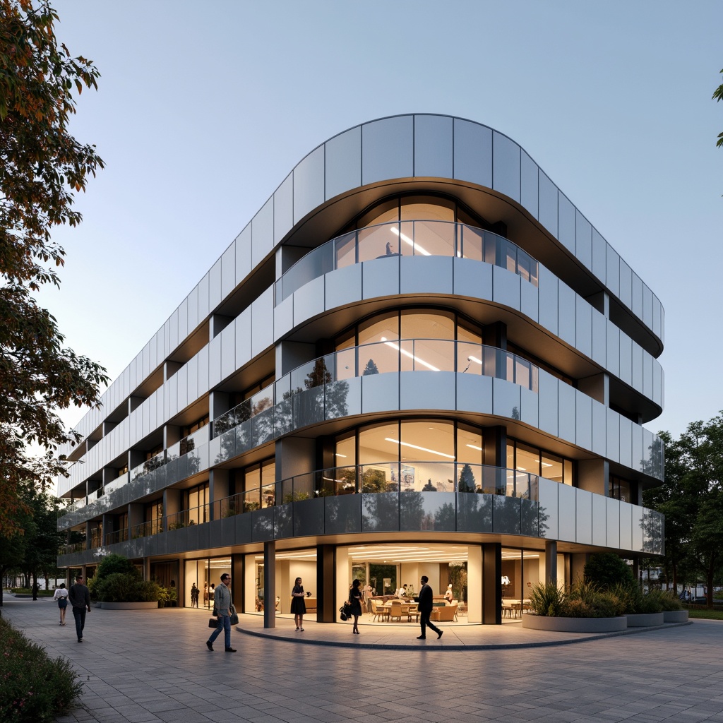 Prompt: Curved building facade, silver metallic finish, polished chrome accents, glass curtain walls, minimal ornamentation, rectangular clean lines, cantilevered rooflines, open floor plans, airy interior spaces, natural stone flooring, wood veneer panels, matte black steel beams, minimalist decor, LED strip lighting, warm beige color scheme, 1/1 composition, shallow depth of field, realistic reflections, ambient occlusion.