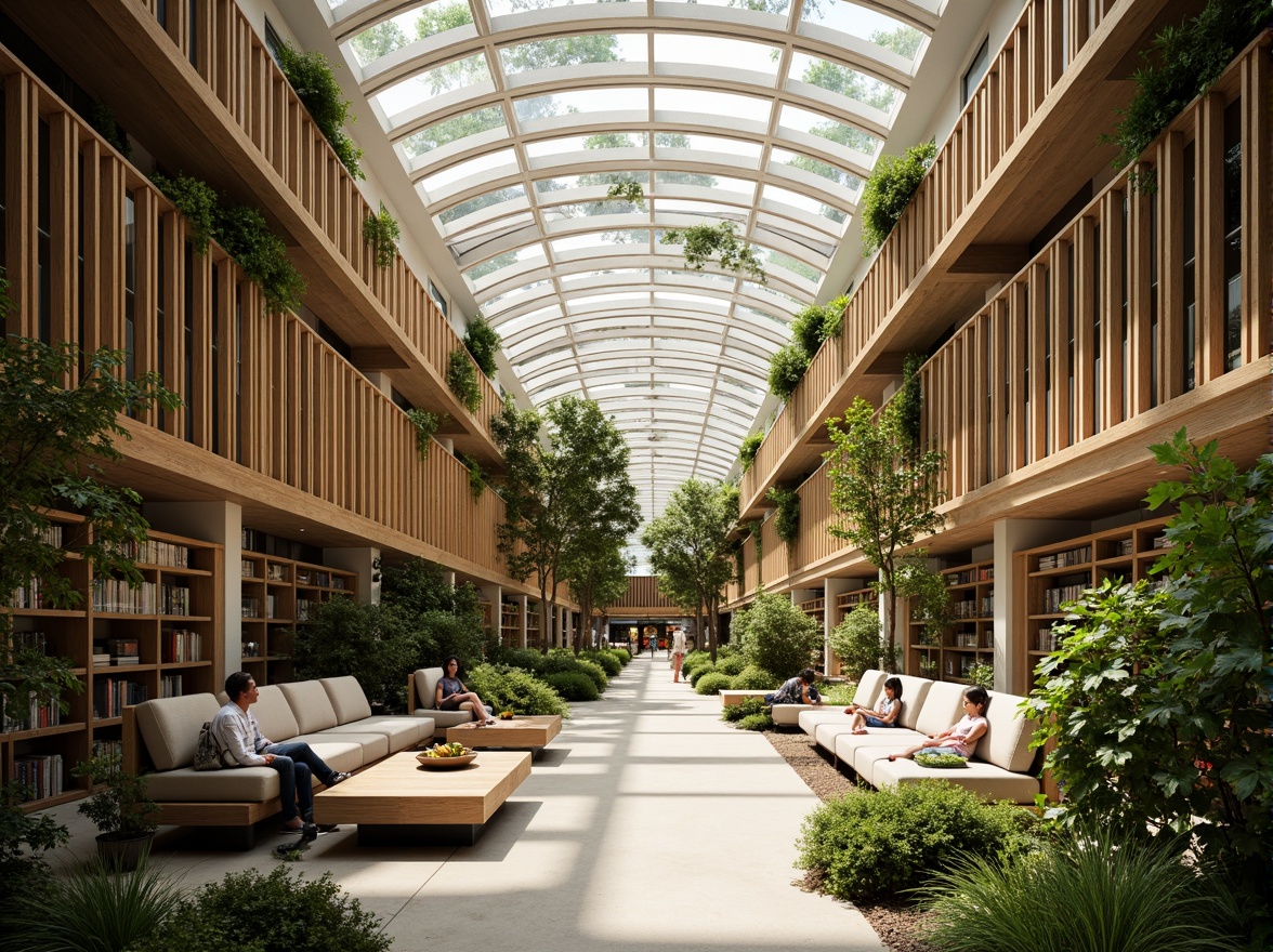 Prompt: Serene library interior, natural light pouring in, high ceilings, clerestory windows, operable skylights, solar tubes, green roofs, living walls, vertical gardens, cross ventilation, stack effect, wind catchers, shading devices, overhangs, louvers, breathable materials, recycled wood accents, earthy color palette, cozy reading nooks, comfortable seating areas, soft warm lighting, shallow depth of field, 1/2 composition, realistic textures, ambient occlusion.