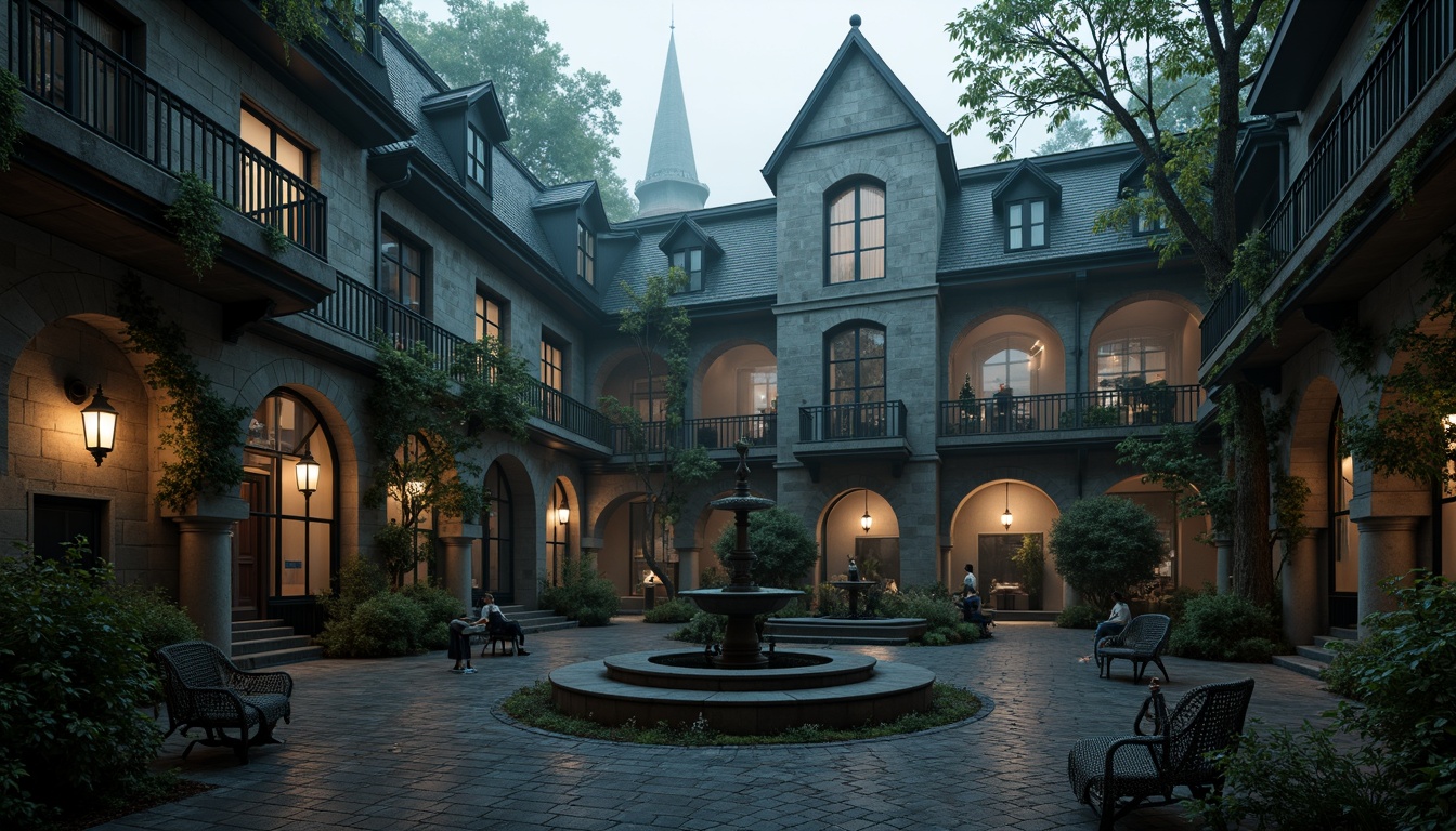 Prompt: Mysterious office courtyard, dark stone walls, twisted ironwork railings, overgrown ivy vines, foggy misty atmosphere, grandeur fountain features, ornate statues, lantern-style outdoor lighting, asymmetrical archways, pointed Gothic spires, eerie shadows, moss-covered brick pathways, vintage metal benches, mystical ancient trees, dimly lit corridors, dramatic uplighting, 1/2 composition, cinematic view, detailed textures, ambient occlusion.