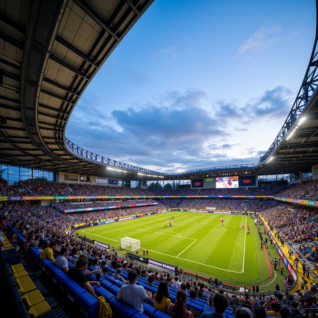 Prompt: Vibrant sports stadium, energetic crowd, bright floodlights, dynamic architecture, bold color scheme, contrasting team colors, electric blue seats, sunny yellow accents, deep green grass, natural stone fa\u00e7ade, modern angular lines, sleek metal beams, LED scoreboard, lively atmosphere, warm evening lighting, shallow depth of field, 2/3 composition, realistic textures, ambient occlusion.