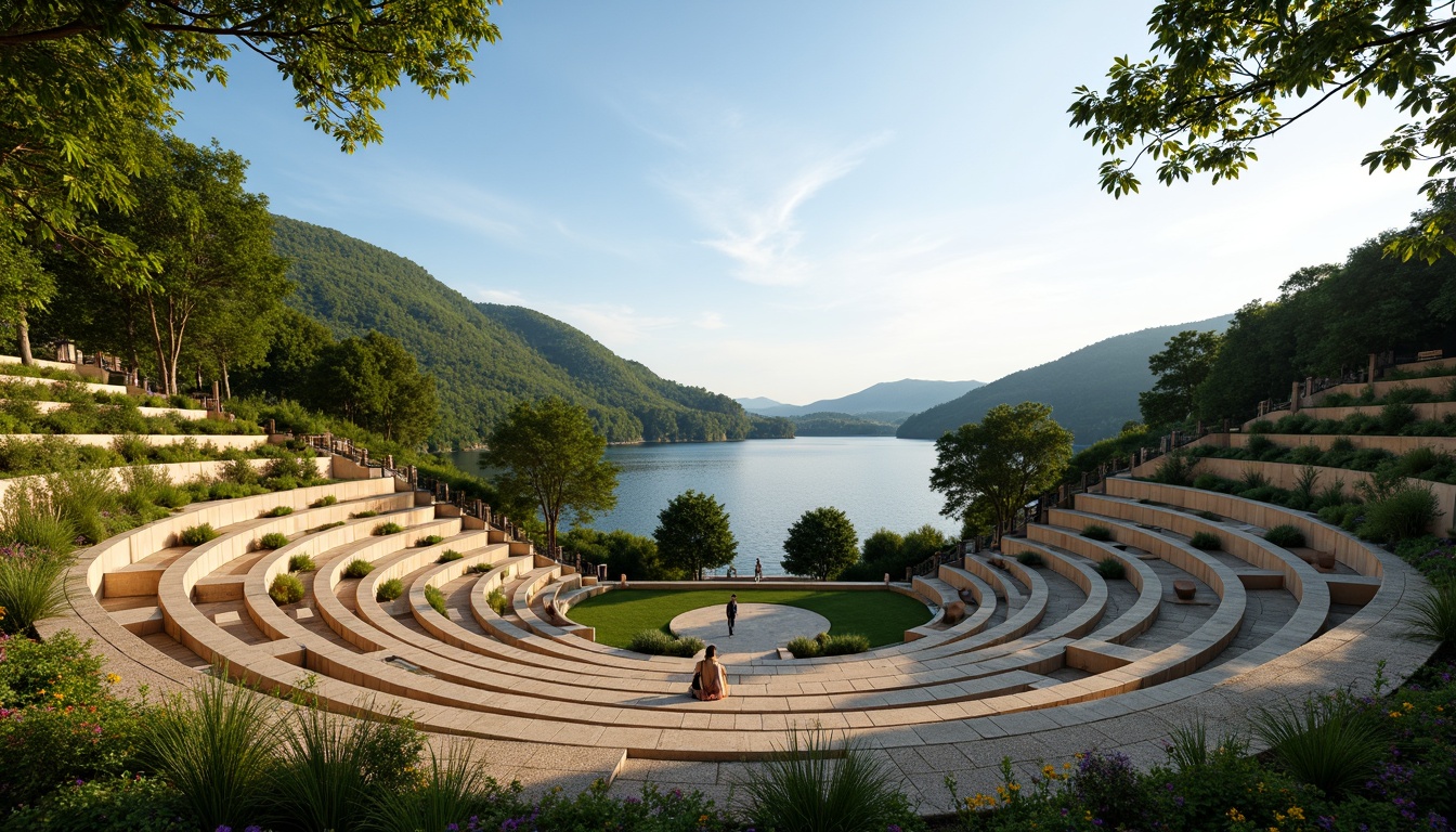 Prompt: Natural amphitheater setting, lush green hills, serene lake views, wooden benches, stone paved walkways, vibrant wildflowers, gentle breeze, warm sunlight, tiered seating areas, curved architecture, organic shapes, earthy tones, natural materials, harmonious landscape integration, seamless transitions, panoramic views, shallow depth of field, 3/4 composition, realistic textures, ambient occlusion.