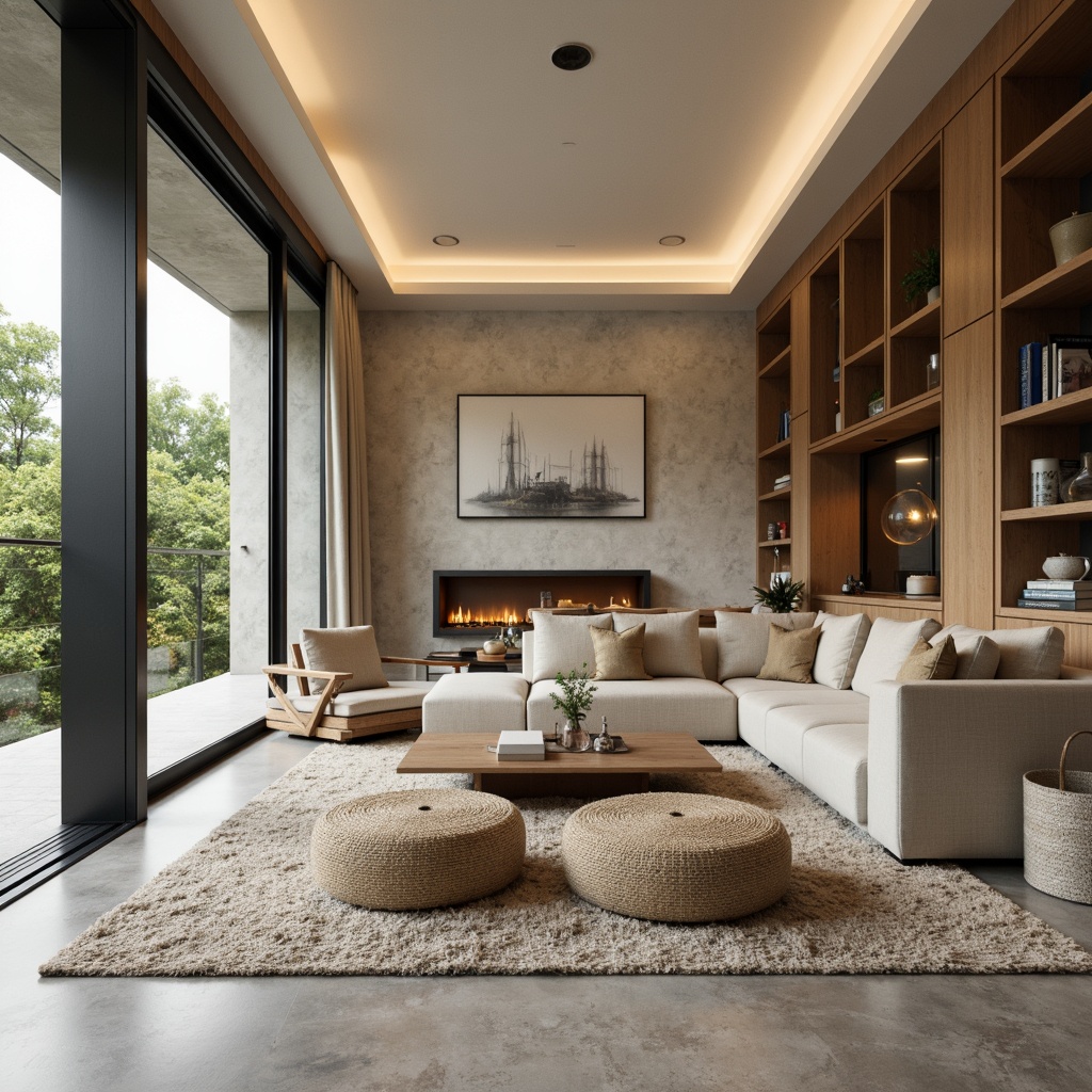 Prompt: Modern minimalist living room, sleek low-profile furniture, neutral color palette, polished concrete flooring, floor-to-ceiling windows, sliding glass doors, cozy reading nook, built-in shelving units, ambient soft lighting, 1/1 composition, shallow depth of field, warm beige tones, natural textiles, industrial-chic decor accents.