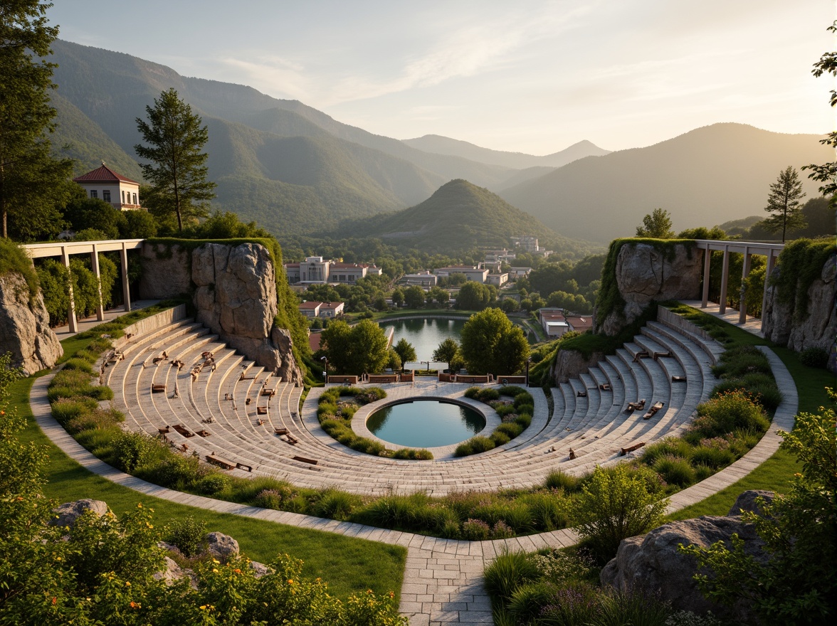 Prompt: Panoramic amphitheater, lush green hillsides, winding stone pathways, tiered seating areas, natural rock formations, wooden benches, scenic overlooks, rolling lawns, blooming wildflowers, serene water features, tranquil ponds, walking trails, meandering streams, rustic wooden bridges, native plant species, warm golden lighting, soft misty atmosphere, shallow depth of field, 3/4 composition, realistic textures, ambient occlusion.