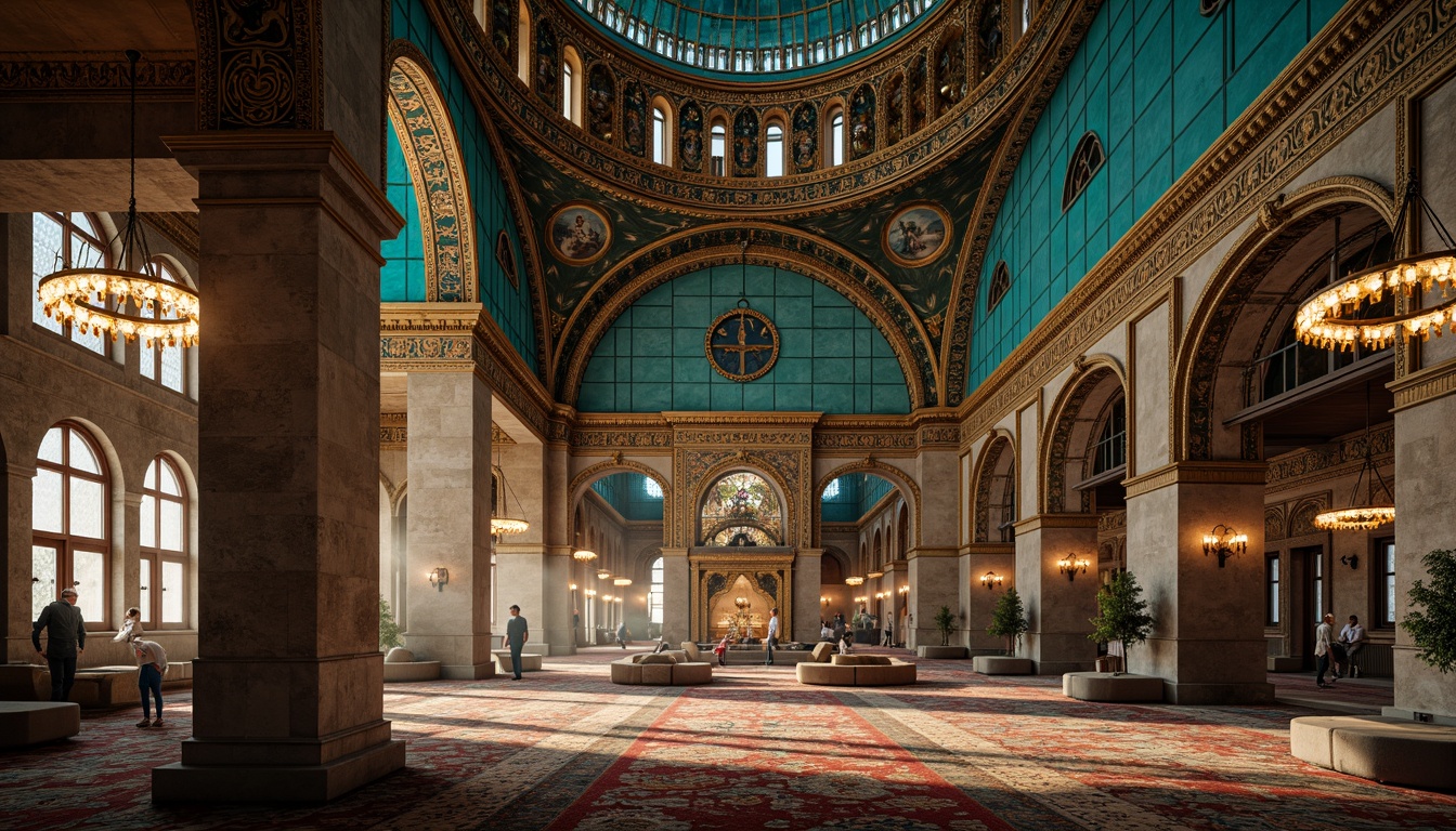 Prompt: Majestic Byzantine architecture, azure domes, golden accents, ornate mosaics, intricate stone carvings, grand archways, lavish frescoes, vibrant turquoise tiles, richly patterned rugs, opulent chandeliers, warm candlelight, dramatic shadows, high-contrast lighting, cinematic composition, atmospheric depth of field.