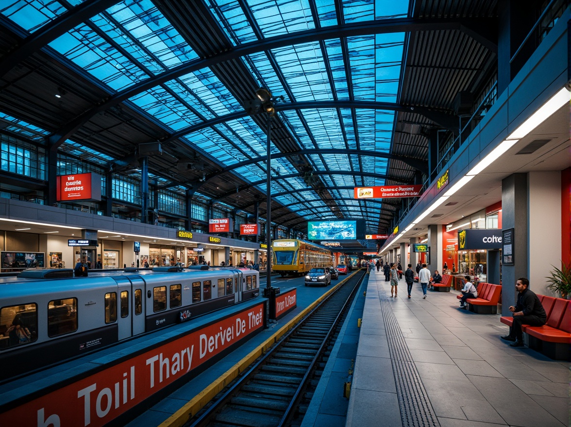 Prompt: Vibrant train station, modern architecture, steel beams, glass ceilings, urban landscape, busy atmosphere, rush hour, fluorescent lighting, concrete floors, metal railings, industrial materials, bold typography, dynamic color scheme, bright blues, deep reds, warm yellows, neutral grays, sleek signage, futuristic design elements, high-contrast visuals, shallow depth of field, 3/4 composition, panoramic view, realistic textures, ambient occlusion.