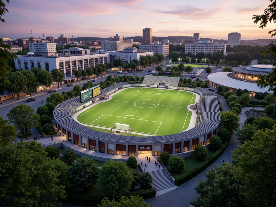 Prompt: Integrated stadium design, lush green landscape, curved architecture, grand entrance gates, pedestrian walkways, spectator seating areas, sports facilities, athletic tracks, football fields, soccer pitches, scoreboard displays, floodlighting systems, evening sunset atmosphere, shallow depth of field, 3/4 composition, panoramic view, realistic textures, ambient occlusion.