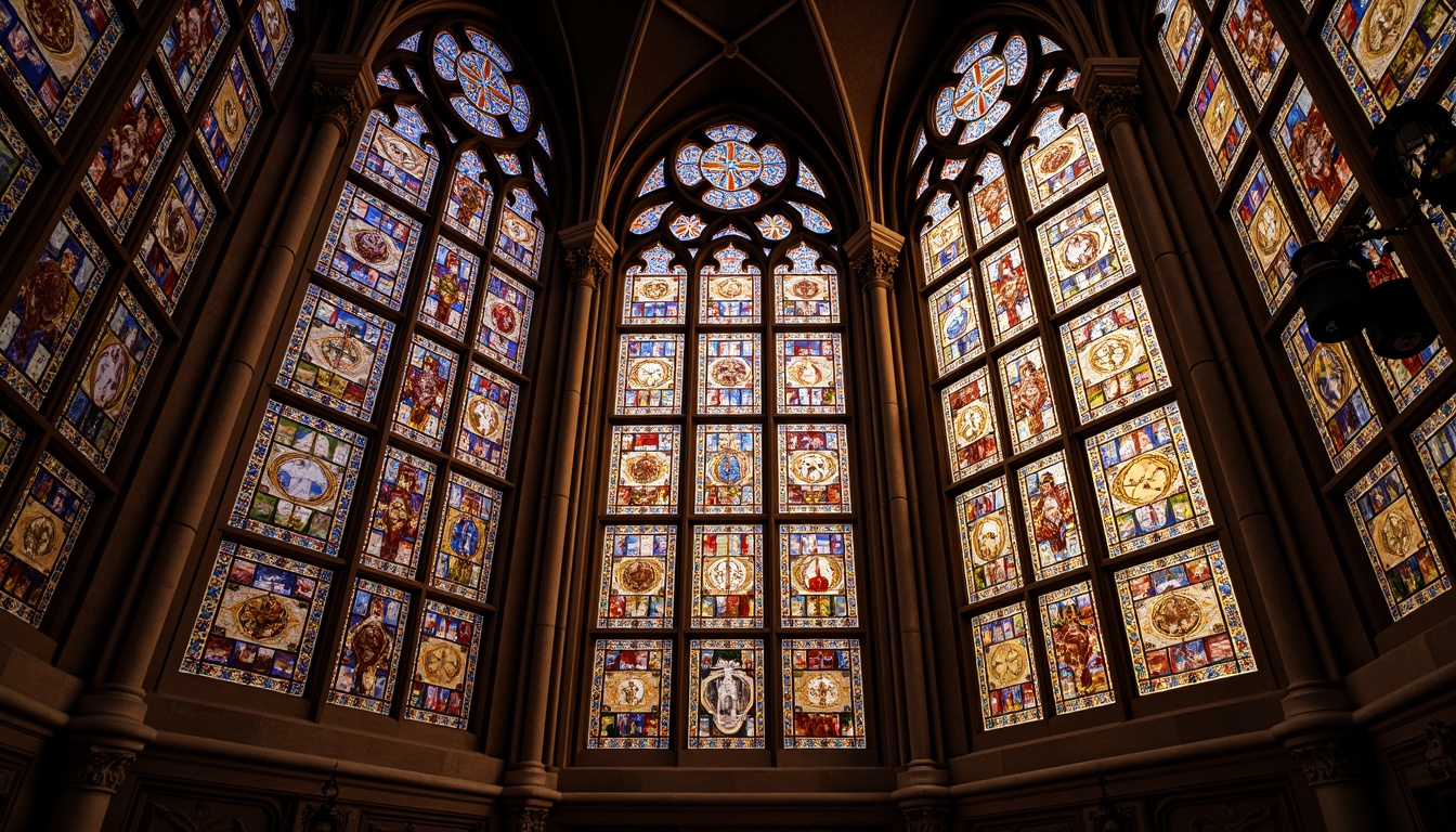 Prompt: Vibrant stained glass windows, intricately patterned, kaleidoscope colors, ornate stone frameworks, majestic cathedrals, grandeur architecture, soaring vaulted ceilings, ribbed arches, flying buttresses, mystical ambiance, soft diffused light, warm golden tones, rich textures, 3D visual effects, realistic reflections, dramatic contrasts, atmospheric perspective, symmetrical composition, sacred symbolism, spiritual essence.