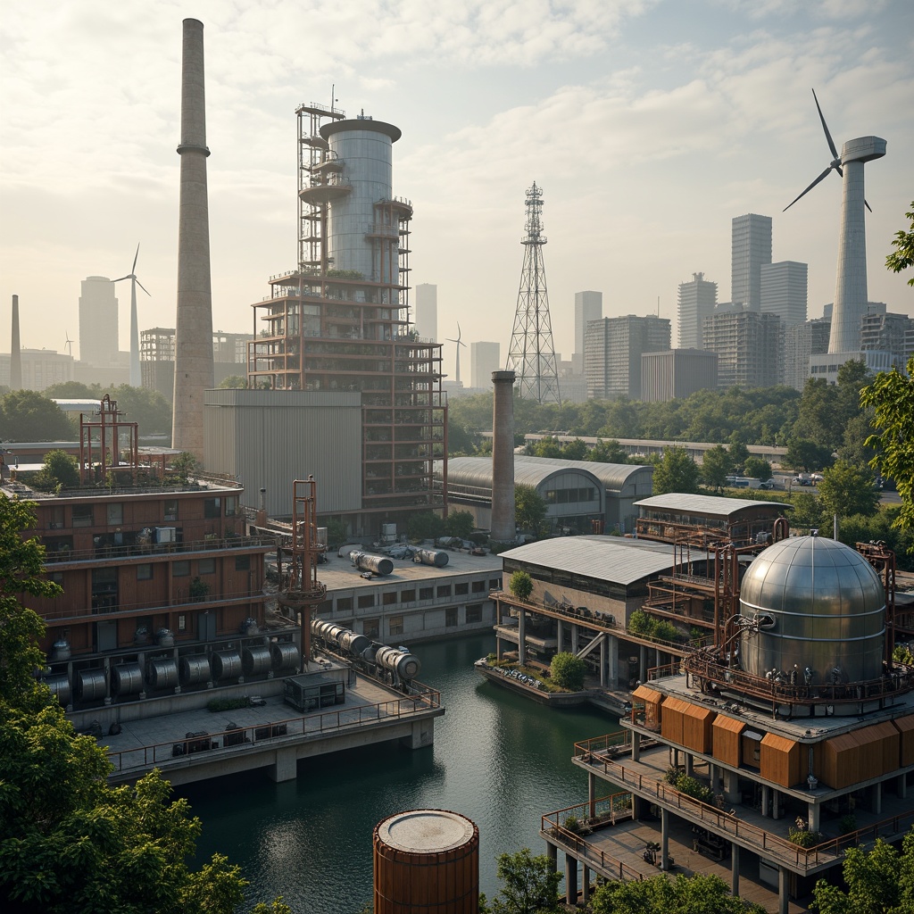 Prompt: Futuristic power plant, industrial landscape, steel structures, pipes and valves, modern machinery, energy-efficient systems, solar panels, wind turbines, bio-gas generators, green roofs, recycled materials, minimalist design, angular lines, metallic textures, soft warm lighting, shallow depth of field, 3/4 composition, panoramic view, realistic reflections, ambient occlusion, misty atmosphere, vibrant colorful accents, intricate geometric patterns.