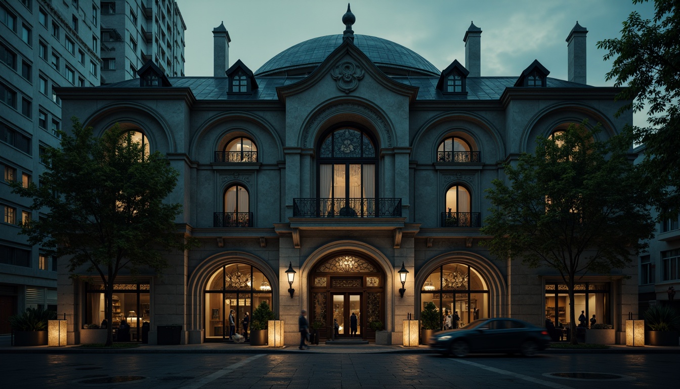 Prompt: Ornate office building, Gothic Revival facade, pointed arches, ribbed vaults, flying buttresses, intricate stone carvings, stained glass windows, ornamental metalwork, grand entranceways, heavy wooden doors, mysterious dark tones, atmospheric misty lighting, dramatic spotlighting, low-angle composition, cinematic textures, ambient occlusion.