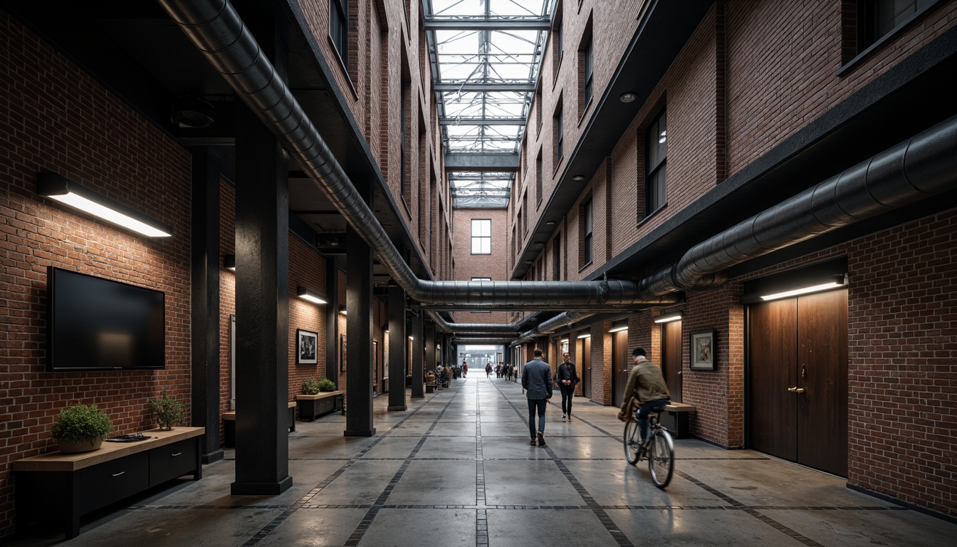 Prompt: Exposed brick walls, industrial metal beams, functional pipes, minimalist decor, monochromatic color scheme, geometric shapes, clean lines, modernist architecture, urban cityscape, bustling streets, vintage factories, abandoned warehouses, distressed textures, metallic reflections, moody lighting, high contrast, deep depth of field, 2/3 composition, cinematic perspective, gritty realism, industrial heritage.