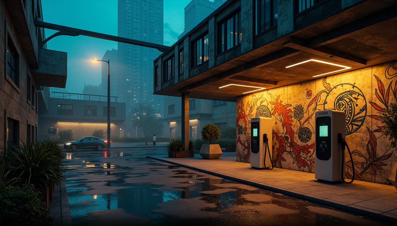 Prompt: Gritty brutalist charging station, industrial concrete walls, exposed ductwork, steel beams, raw metal accents, urban cityscape, evening mist, dramatic high-contrast lighting, bold color palette, deep blues, fiery oranges, neon yellows, rugged textures, distressed finishes, geometric patterns, abstract graffiti, dynamic shadows, 1/2 composition, cinematic mood, realistic materials, ambient occlusion.