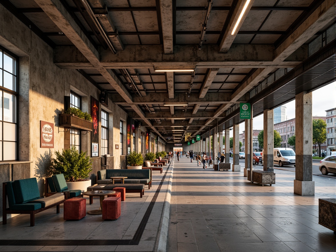 Prompt: Rustic bus station, industrial aesthetic, exposed concrete structures, metallic accents, weathered steel beams, sleek glass facades, modern signage, urban landscape, bustling city atmosphere, vibrant street art, eclectic furniture, polished metal handrails, natural stone flooring, earthy color palette, warm ambient lighting, shallow depth of field, 2/3 composition, realistic textures, ambient occlusion.