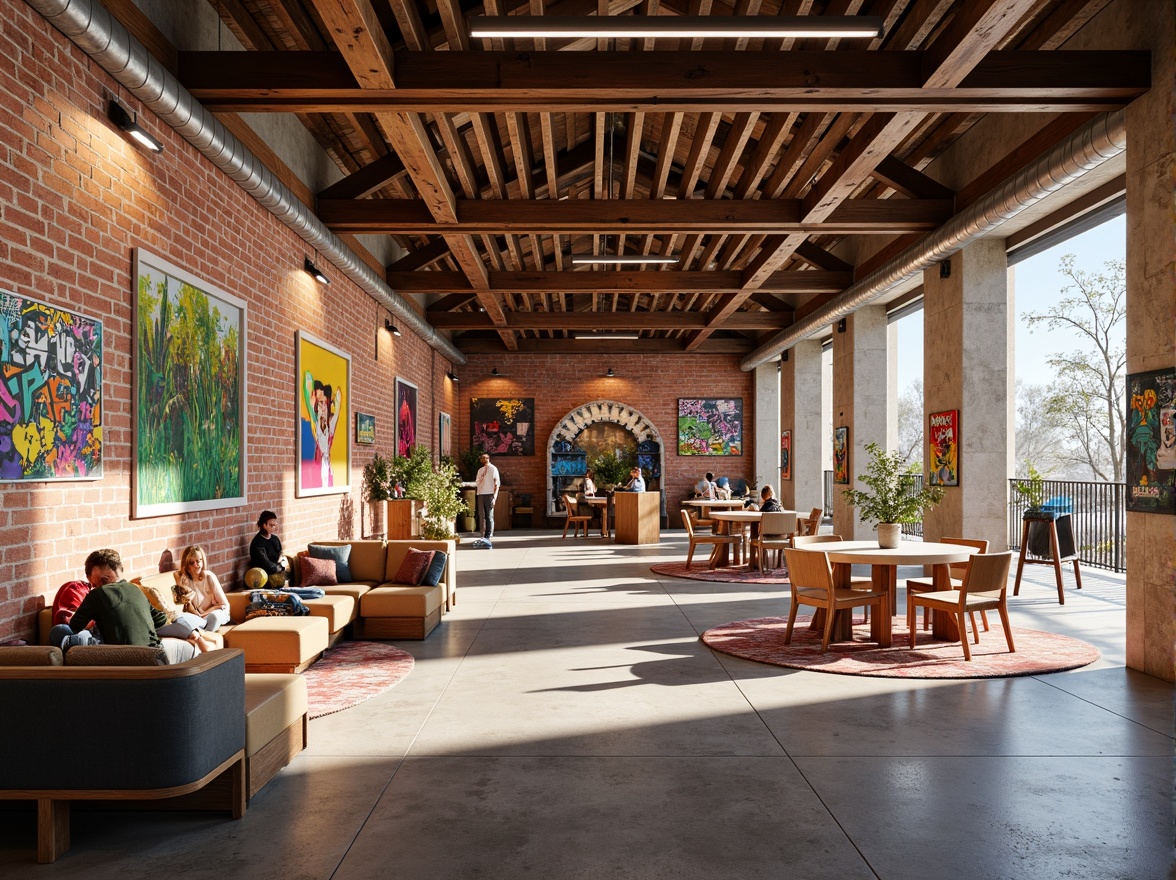 Prompt: Vibrant youth center, exposed brick walls, polished concrete floors, wooden accents, modern furniture, colorful murals, urban graffiti, eclectic artwork, dynamic lighting fixtures, industrial metal beams, reclaimed wood ceilings, cozy reading nooks, comfortable lounge seating, flexible open spaces, collaborative workstations, natural stone columns, warm earthy tones, sunny afternoon, soft diffused lighting, 1/2 composition, atmospheric perspective, realistic material textures.