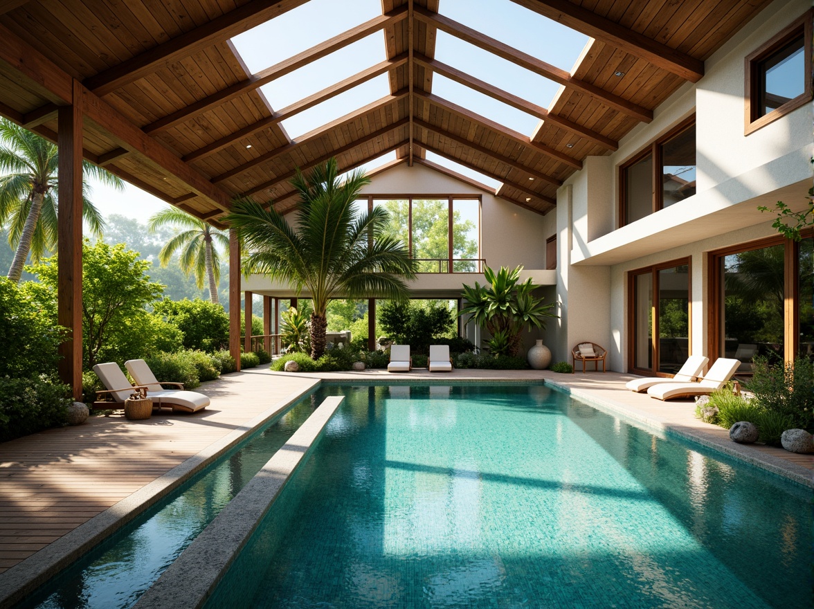 Prompt: Tropical swimming pool, lush greenery, natural stone walls, wooden decking, vaulted ceiling, large windows, sliding glass doors, clerestory windows, high ceilings, open ventilation, cross breeze, warm sunlight, soft shadows, realistic water reflections, rippling water effects, 1/1 composition, shallow depth of field, panoramic view, ambient occlusion.