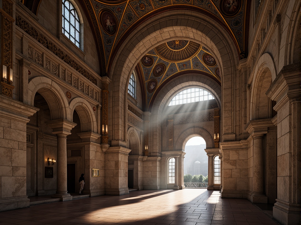 Prompt: Intricate stone carvings, ornate arches, grand domes, richly patterned mosaics, golden accents, rustic brick textures, ornamental columns, majestic entranceways, vaulted ceilings, stained glass windows, warm candlelight, soft afternoon sunbeams, subtle shadows, atmospheric fog, 1/2 composition, dramatic backlighting, realistic stone weathering.