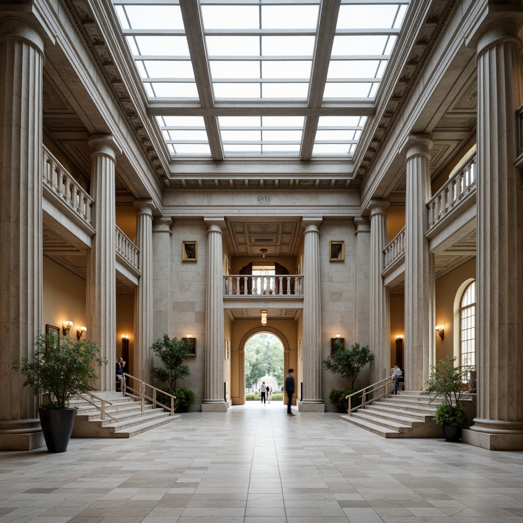 Prompt: Grand museum entrance, neoclassical facade, ornate stone carvings, imposing columns, elegant archways, sophisticated glass roofs, modern academic style, minimalist ornamentation, subtle color palette, natural stone walls, polished marble floors, grand staircases, dramatic chandeliers, soft diffused lighting, shallow depth of field, 1/1 composition, symmetrical framing, realistic textures, ambient occlusion.