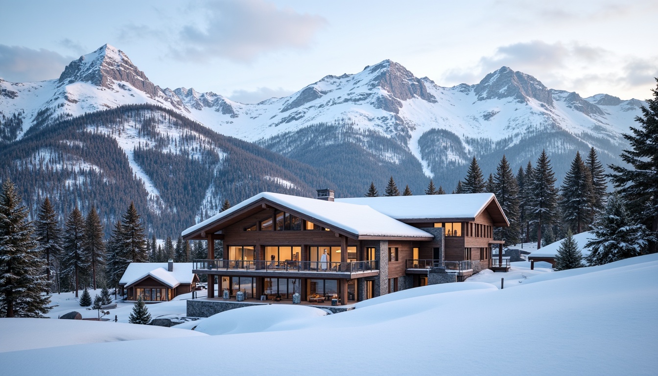 Prompt: Snow-capped mountains, frosty air, pine tree forests, wooden ski lodges, rustic stone foundations, earthy-toned roofs, snowflake-inspired facades, warm cozy interiors, crackling fireplaces, reclaimed wood accents, eco-friendly insulation, large windows, panoramic views, modern minimalist design, functional simplicity, durable materials, weather-resistant coatings, snowy winter landscapes, frosty morning light, soft diffused lighting, 1/1 composition, realistic textures, ambient occlusion.