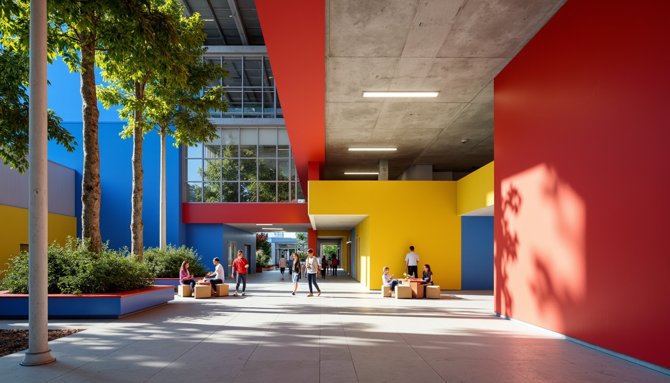 Prompt: Vibrant youth center, bold geometric shapes, primary color palette, bright red accents, deep blue tones, sunny yellow walls, greenery-filled courtyards, modern industrial architecture, exposed ductwork, polished concrete floors, minimalist decor, functional furniture, collaborative workspaces, interactive exhibits, dynamic lighting installations, 3/4 composition, shallow depth of field, realistic textures, ambient occlusion.