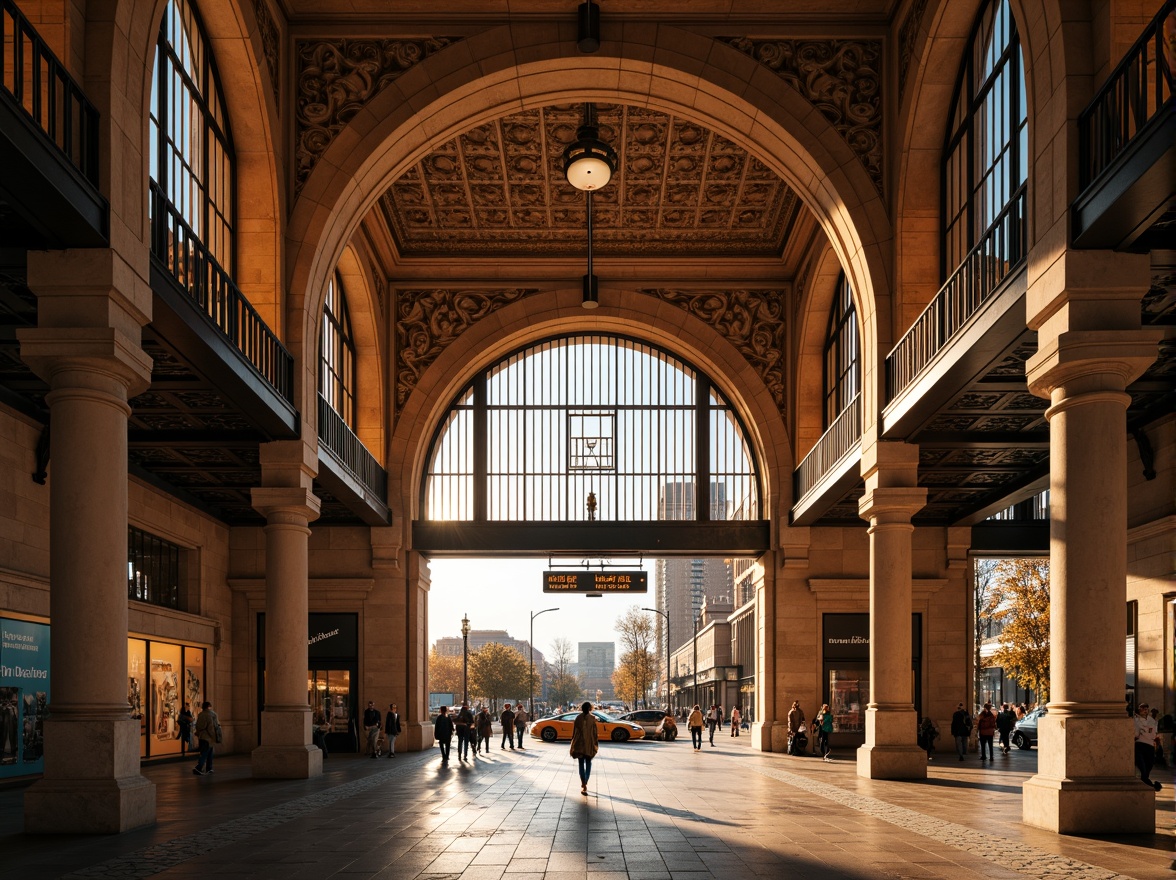 Prompt: Grand metro station, archway entrance, Romanesque columns, ornate carvings, vaulted ceilings, intricate stone patterns, warm golden lighting, busy commuter scene, modern transportation hub, urban cityscape, bustling streets, steel beams, glass roofs, sleek metal railings, vintage-inspired signage, terracotta flooring, natural stone walls, symmetrical composition, shallow depth of field, 1/1 aspect ratio, realistic textures, ambient occlusion.