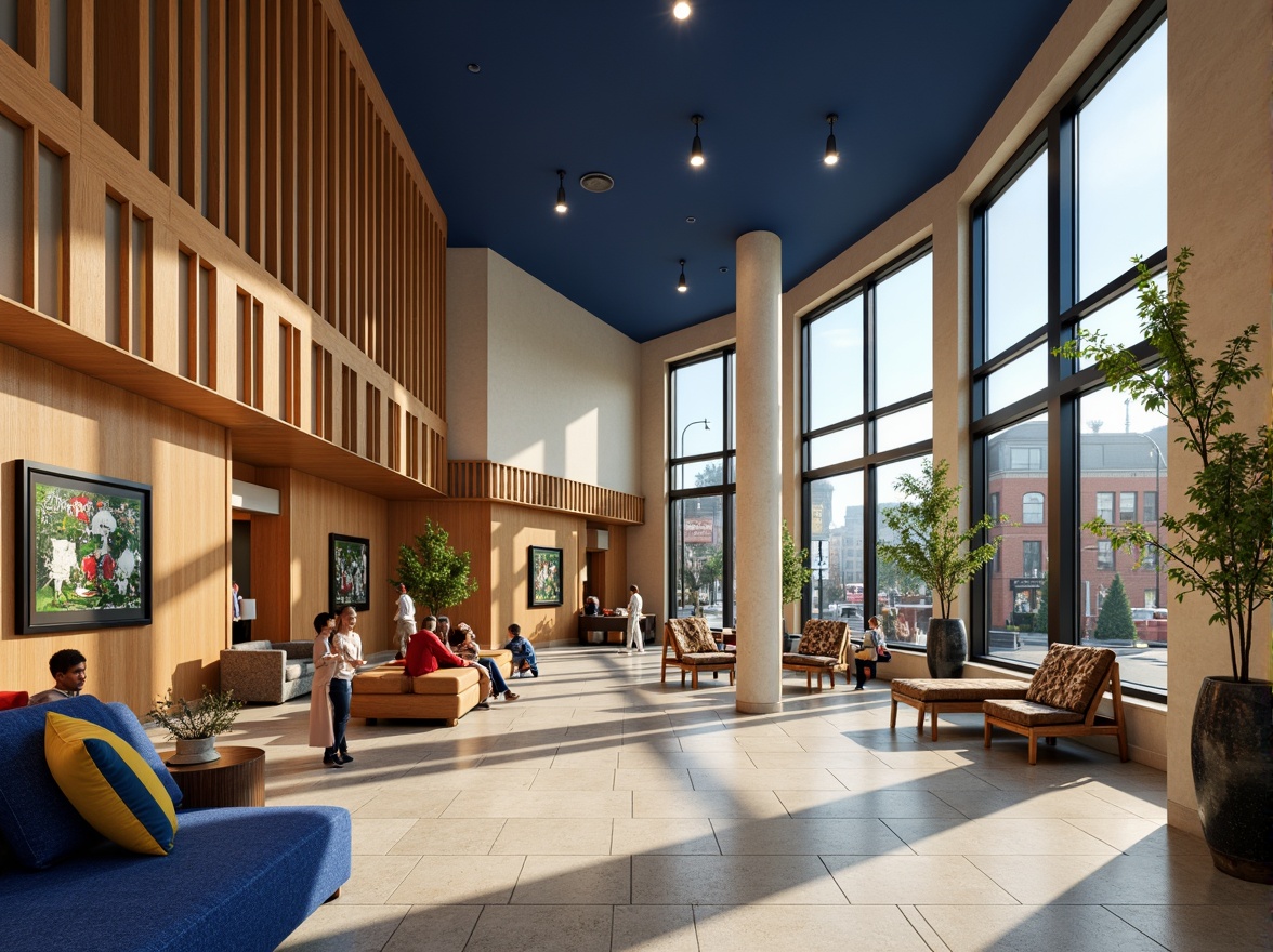 Prompt: Vibrant cultural center, navy blue accents, warm beige walls, rich wood tones, colorful artwork displays, eclectic furniture pieces, cozy reading nooks, natural stone flooring, large windows, soft diffused lighting, modern minimalist architecture, urban cityscape views, sunny afternoon ambiance, 1/2 composition, realistic textures, ambient occlusion.